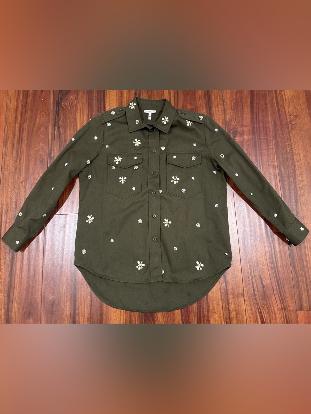 Joie Olive Green Beaded Floral Embellished Utility Shirt Jacket Size S